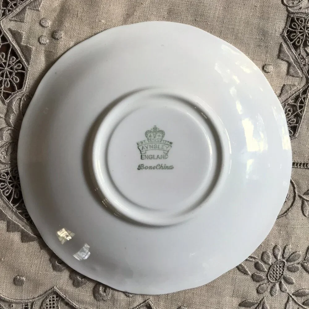 AYNSLEY Tea Cup & Saucer, Green, Cabbage Rose, Bone China, England Pattern B5304 - Picture 15 of 15